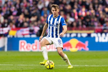 Madrid, İspanya - 19 Ocak 2026: Madrid 'de Atletico Madrid ile Alaves arasında oynanan lig maçı. Maç sırasında Alaves oyuncuları. EA Spor Ligi 2026. İspanyol futbolu.
