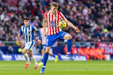 Madrid, İspanya - 19 Ocak 2026: Madrid 'de Atletico Madrid ile Alaves arasında oynanan lig maçı. Maç sırasında Atletico Madrid oyuncuları. EA Spor Ligi 2026. İspanyol futbolu.