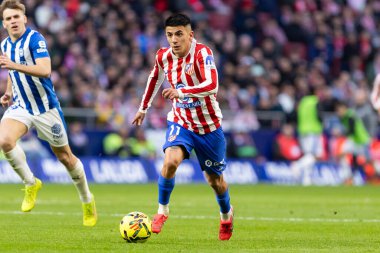 Madrid, İspanya - 19 Ocak 2026: Madrid 'de Atletico Madrid ile Alaves arasında oynanan lig maçı. Maç sırasında Atletico Madrid oyuncuları. EA Spor Ligi 2026. İspanyol futbolu.