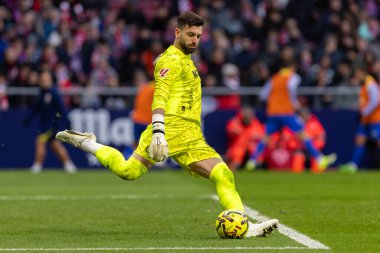 Madrid, İspanya - 19 Ocak 2026: Madrid 'de Atletico Madrid ile Alaves arasında oynanan lig maçı. Maç sırasında Alaves oyuncuları. EA Spor Ligi 2026. İspanyol futbolu.