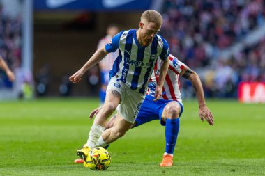 Madrid, İspanya - 19 Ocak 2026: Madrid 'de Atletico Madrid ile Alaves arasında oynanan lig maçı. Maç sırasında Alaves oyuncuları. EA Spor Ligi 2026. İspanyol futbolu.