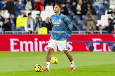 Madrid, İspanya - 14 Şubat 2026: Real Madrid ile Real Sociedad arasındaki lig maçı Madrid 'de oynandı. Maç sırasında Real Madrid oyuncuları. EA Spor Ligi. İspanya Ligi.