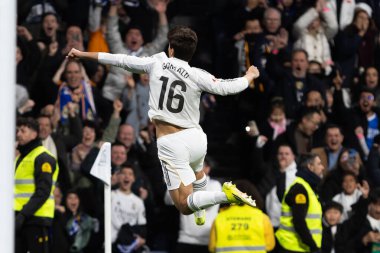 Madrid, İspanya - 14 Şubat 2026: Real Madrid ile Real Sociedad arasındaki lig maçı Madrid 'de oynandı. Maç sırasında Real Madrid oyuncuları. EA Spor Ligi. İspanya Ligi.