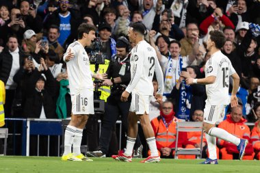 Madrid, İspanya - 14 Şubat 2026: Real Madrid ile Real Sociedad arasındaki lig maçı Madrid 'de oynandı. Maç sırasında Real Madrid oyuncuları. EA Spor Ligi. İspanya Ligi.