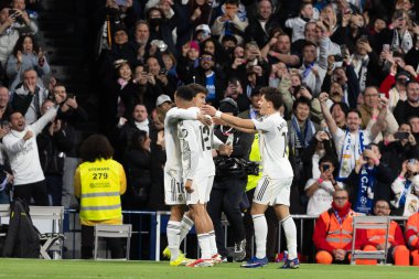 Madrid, İspanya - 14 Şubat 2026: Real Madrid ile Real Sociedad arasındaki lig maçı Madrid 'de oynandı. Maç sırasında Real Madrid oyuncuları. EA Spor Ligi. İspanya Ligi.