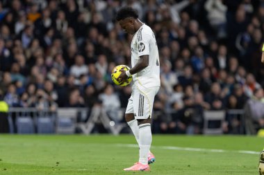 Madrid, İspanya - 14 Şubat 2026: Real Madrid ile Real Sociedad arasındaki lig maçı Madrid 'de oynandı. Maç sırasında Real Madrid oyuncuları. EA Spor Ligi. İspanya Ligi.