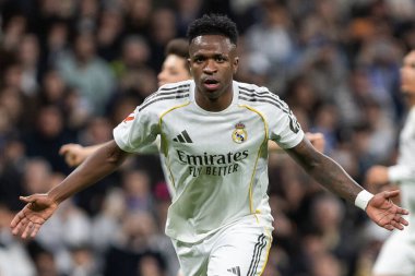 Madrid, İspanya - 14 Şubat 2026: Real Madrid ile Real Sociedad arasındaki lig maçı Madrid 'de oynandı. Maç sırasında Real Madrid oyuncuları. EA Spor Ligi. İspanya Ligi.