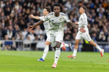 Madrid, İspanya - 14 Şubat 2026: Real Madrid ile Real Sociedad arasındaki lig maçı Madrid 'de oynandı. Maç sırasında Real Madrid oyuncuları. EA Spor Ligi. İspanya Ligi.