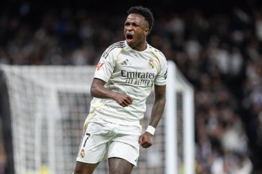 Madrid, İspanya - 14 Şubat 2026: Real Madrid ile Real Sociedad arasındaki lig maçı Madrid 'de oynandı. Maç sırasında Real Madrid oyuncuları. EA Spor Ligi. İspanya Ligi.