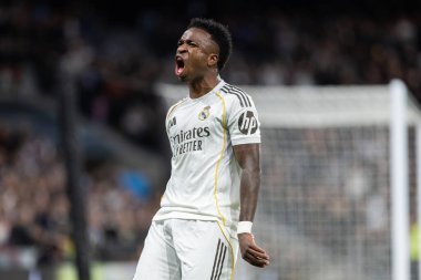 Madrid, İspanya - 14 Şubat 2026: Real Madrid ile Real Sociedad arasındaki lig maçı Madrid 'de oynandı. Maç sırasında Real Madrid oyuncuları. EA Spor Ligi. İspanya Ligi.