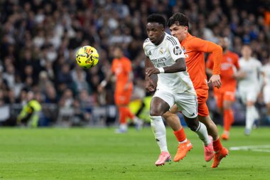 Madrid, İspanya - 14 Şubat 2026: Real Madrid ile Real Sociedad arasındaki lig maçı Madrid 'de oynandı. Maç sırasında Real Madrid oyuncuları. EA Spor Ligi. İspanya Ligi.