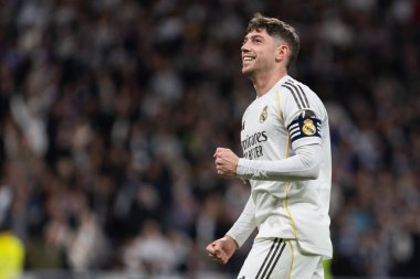 Madrid, İspanya - 14 Şubat 2026: Real Madrid ile Real Sociedad arasındaki lig maçı Madrid 'de oynandı. Maç sırasında Real Madrid oyuncuları. EA Spor Ligi. İspanya Ligi.