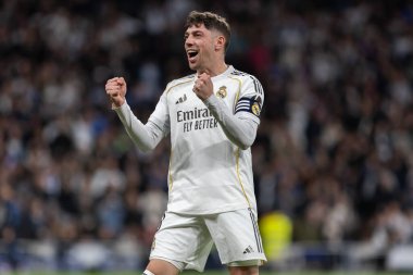 Madrid, İspanya - 14 Şubat 2026: Real Madrid ile Real Sociedad arasındaki lig maçı Madrid 'de oynandı. Maç sırasında Real Madrid oyuncuları. EA Spor Ligi. İspanya Ligi.