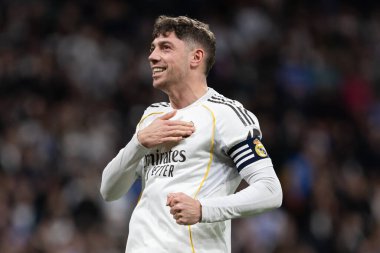 Madrid, İspanya - 14 Şubat 2026: Real Madrid ile Real Sociedad arasındaki lig maçı Madrid 'de oynandı. Maç sırasında Real Madrid oyuncuları. EA Spor Ligi. İspanya Ligi.