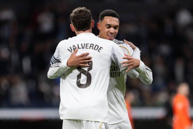 Madrid, İspanya - 14 Şubat 2026: Real Madrid ile Real Sociedad arasındaki lig maçı Madrid 'de oynandı. Maç sırasında Real Madrid oyuncuları. EA Spor Ligi. İspanya Ligi.