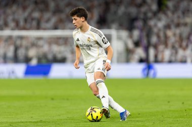 Madrid, İspanya - 14 Şubat 2026: Real Madrid ile Real Sociedad arasındaki lig maçı Madrid 'de oynandı. Maç sırasında Real Madrid oyuncuları. EA Spor Ligi. İspanya Ligi.