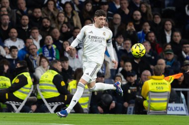 Madrid, İspanya - 14 Şubat 2026: Real Madrid ile Real Sociedad arasındaki lig maçı Madrid 'de oynandı. Maç sırasında Real Madrid oyuncuları. EA Spor Ligi. İspanya Ligi.