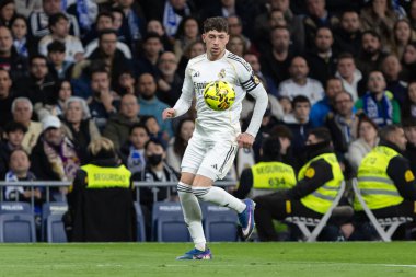 Madrid, İspanya - 14 Şubat 2026: Real Madrid ile Real Sociedad arasındaki lig maçı Madrid 'de oynandı. Maç sırasında Real Madrid oyuncuları. EA Spor Ligi. İspanya Ligi.