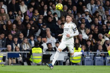 Madrid, İspanya - 14 Şubat 2026: Real Madrid ile Real Sociedad arasındaki lig maçı Madrid 'de oynandı. Maç sırasında Real Madrid oyuncuları. EA Spor Ligi. İspanya Ligi.