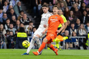 Madrid, İspanya - 14 Şubat 2026: Real Madrid ile Real Sociedad arasındaki lig maçı Madrid 'de oynandı. Maç sırasında Real Madrid oyuncuları. EA Spor Ligi. İspanya Ligi.