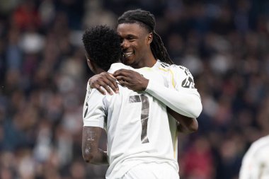 Madrid, İspanya - 14 Şubat 2026: Real Madrid ile Real Sociedad arasındaki lig maçı Madrid 'de oynandı. Maç sırasında Real Madrid oyuncuları. EA Spor Ligi. İspanya Ligi.