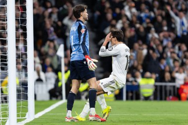 Madrid, İspanya - 14 Şubat 2026: Real Madrid ile Real Sociedad arasındaki lig maçı Madrid 'de oynandı. Maç sırasında Real Madrid oyuncuları. EA Spor Ligi. İspanya Ligi.