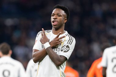 Madrid, İspanya - 14 Şubat 2026: Real Madrid ile Real Sociedad arasındaki lig maçı Madrid 'de oynandı. Maç sırasında Real Madrid oyuncuları. EA Spor Ligi. İspanya Ligi.