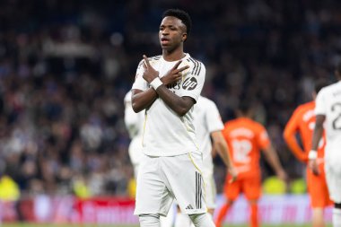 Madrid, İspanya - 14 Şubat 2026: Real Madrid ile Real Sociedad arasındaki lig maçı Madrid 'de oynandı. Maç sırasında Real Madrid oyuncuları. EA Spor Ligi. İspanya Ligi.