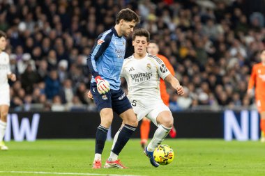 Madrid, İspanya - 14 Şubat 2026: Real Madrid ile Real Sociedad arasındaki lig maçı Madrid 'de oynandı. Maç sırasında Real Madrid oyuncuları. EA Spor Ligi. İspanya Ligi.