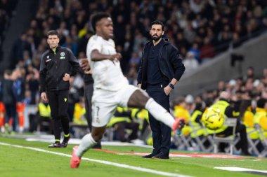 Madrid, Spain - February 14, 2026: League match between Real Madrid and Real Sociedad played in Madrid. Real Madrid players during the match. EA Sports League. Spanish League.