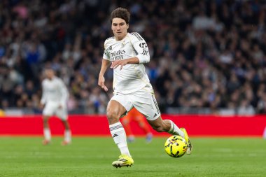 Madrid, İspanya - 14 Şubat 2026: Real Madrid ile Real Sociedad arasındaki lig maçı Madrid 'de oynandı. Maç sırasında Real Madrid oyuncuları. EA Spor Ligi. İspanya Ligi.