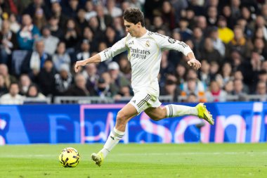 Madrid, İspanya - 14 Şubat 2026: Real Madrid ile Real Sociedad arasındaki lig maçı Madrid 'de oynandı. Maç sırasında Real Madrid oyuncuları. EA Spor Ligi. İspanya Ligi.