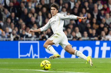 Madrid, İspanya - 14 Şubat 2026: Real Madrid ile Real Sociedad arasındaki lig maçı Madrid 'de oynandı. Maç sırasında Real Madrid oyuncuları. EA Spor Ligi. İspanya Ligi.