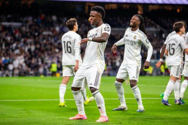 Madrid, İspanya - 14 Şubat 2026: Real Madrid ile Real Sociedad arasındaki lig maçı Madrid 'de oynandı. Maç sırasında Real Madrid oyuncuları. EA Spor Ligi. İspanya Ligi.