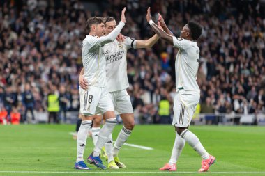 Madrid, İspanya - 14 Şubat 2026: Real Madrid ile Real Sociedad arasındaki lig maçı Madrid 'de oynandı. Maç sırasında Real Madrid oyuncuları. EA Spor Ligi. İspanya Ligi.