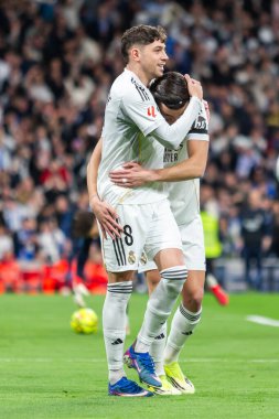 Madrid, İspanya - 14 Şubat 2026: Real Madrid ile Real Sociedad arasındaki lig maçı Madrid 'de oynandı. Maç sırasında Real Madrid oyuncuları. EA Spor Ligi. İspanya Ligi.