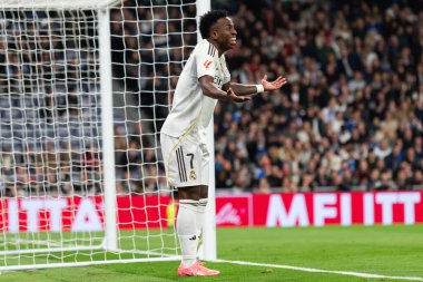 Madrid, İspanya - 14 Şubat 2026: Real Madrid ile Real Sociedad arasındaki lig maçı Madrid 'de oynandı. Maç sırasında Real Madrid oyuncuları. EA Spor Ligi. İspanya Ligi.