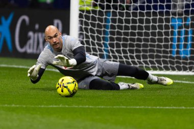 Madrid, İspanya - 21 Şubat 2026: Atletico Madrid ile RCD Espanyol arasında oynanan lig maçı. Maç sırasında RCD Espanyol oyuncuları.