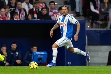 Madrid, İspanya - 21 Şubat 2026: Atletico Madrid ile RCD Espanyol arasında oynanan lig maçı. Maç sırasında RCD Espanyol oyuncuları.