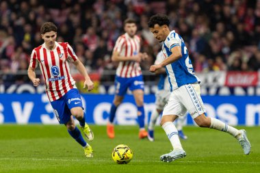 Madrid, İspanya - 21 Şubat 2026: Atletico Madrid ile RCD Espanyol arasında oynanan lig maçı. Maç sırasında RCD Espanyol oyuncuları.
