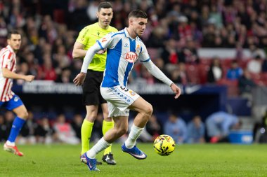 Madrid, İspanya - 21 Şubat 2026: Atletico Madrid ile RCD Espanyol arasında oynanan lig maçı. Maç sırasında RCD Espanyol oyuncuları.