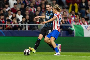 Madrid, İspanya - 24 Şubat 2026: Atltico de Madrid ile Club Brugge arasında oynanan Şampiyonlar Ligi maçı. Maç sırasında Club Brugge oyuncuları. Şampiyonlar Ligi. Nakavt Aşaması.