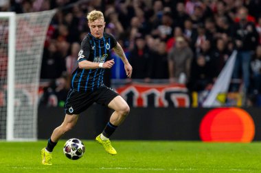 Madrid, İspanya - 24 Şubat 2026: Atltico de Madrid ile Club Brugge arasında oynanan Şampiyonlar Ligi maçı. Maç sırasında Club Brugge oyuncuları. Şampiyonlar Ligi. Nakavt Aşaması.