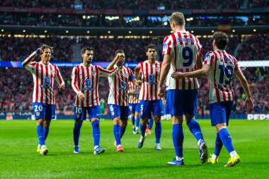 Madrid, İspanya - 24 Şubat 2026: Atltico de Madrid ile FC Bruges arasında oynanan Şampiyonlar Ligi maçı. Maç sırasında Atltico de Madrid oyuncuları. Şampiyonlar Ligi.