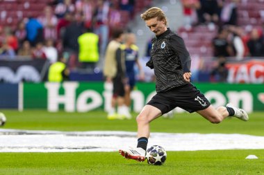 Madrid, İspanya - 24 Şubat 2026: Atltico de Madrid ile Club Brugge arasında oynanan Şampiyonlar Ligi maçı. Maç sırasında Club Brugge oyuncuları. Şampiyonlar Ligi. Nakavt Aşaması.