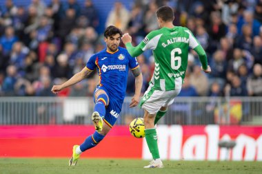 Madrid, İspanya - 8 Mart 2026: Getafe FC ile Real Betis arasında oynanan lig maçı. Profesyonel futbolcular. EA Spor Ligi. İspanya Ligi.