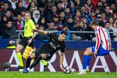 Madrid, İspanya - 10 Mart 2026: Atletico Madrid ile Tottenham Hotspur arasında oynanan Şampiyonlar Ligi maçı Metropolitano Stadyumu 'nda oynandı. Maç sırasında Tottenham oyuncuları.