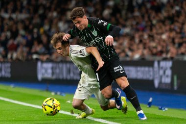 Madrid, İspanya - 14 Mart 2026: Real Madrid ile Elche arasındaki lig maçı Madrid 'deki Santiago Bernabeu Stadyumu' nda oynandı. Maç sırasında Elche oyuncuları. EA Spor Ligi.