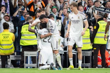 Madrid, İspanya - 14 Mart 2026: Real Madrid ile Elche arasındaki La Liga maçı Madrid 'deki Santiago Bernabu Stadyumu' nda oynandı. Maç sırasında Real Madrid oyuncuları. EA Sports La Liga.