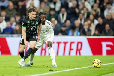 Madrid, İspanya - 14 Mart 2026: Real Madrid ile Elche arasındaki La Liga maçı Madrid 'deki Santiago Bernabu Stadyumu' nda oynandı. Maç sırasında Real Madrid oyuncuları. EA Sports La Liga.